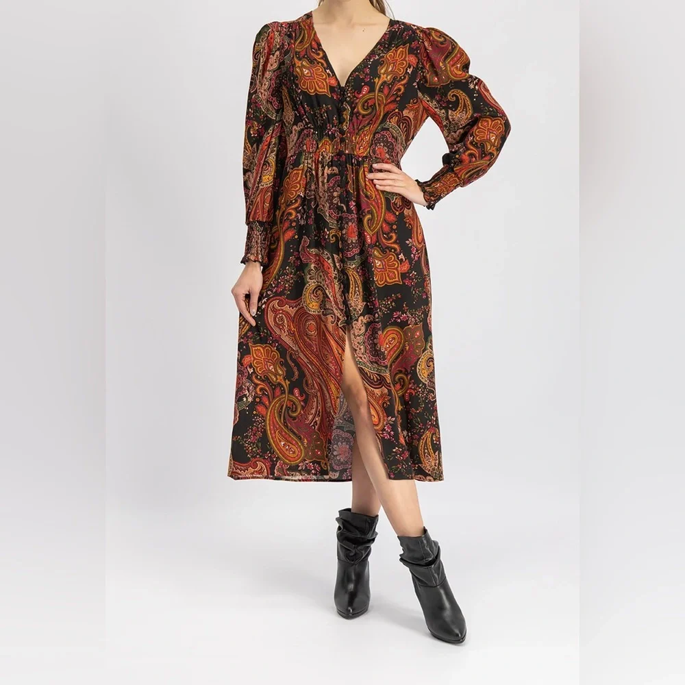 NWOT Zara paisley print smocked a neck button down dress Size XS - Picture 2 of 12